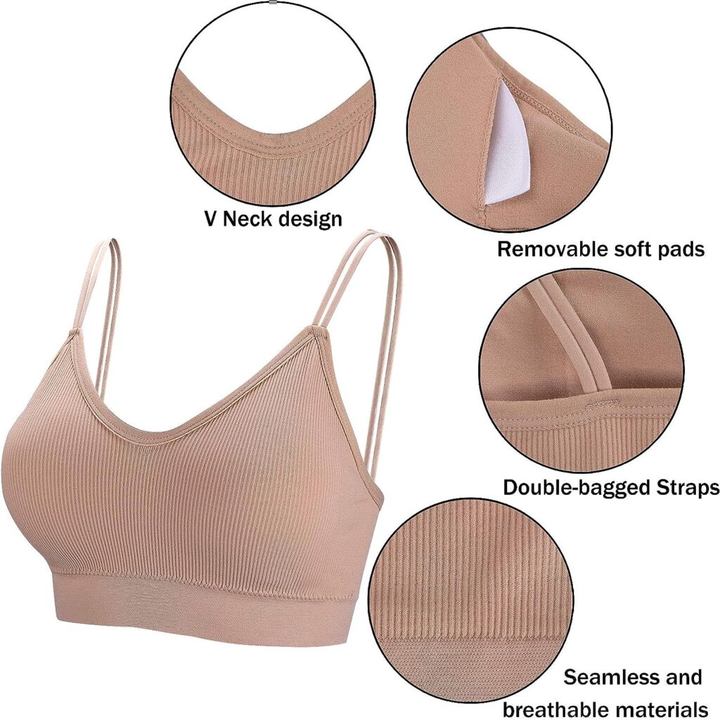 5 Pieces Camisole Bras for Women V Neck Camisole Bralettes Seamless Sleeping Bra with Straps and Removable Pads for Women Girls